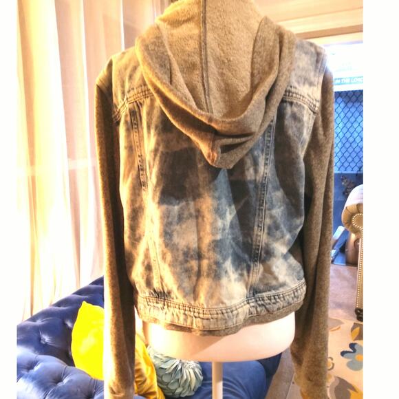 Y2K LEI Stone Acid washed denim jacket Hooded XXL button distress Thrashed Rock - Picture 2 of 11